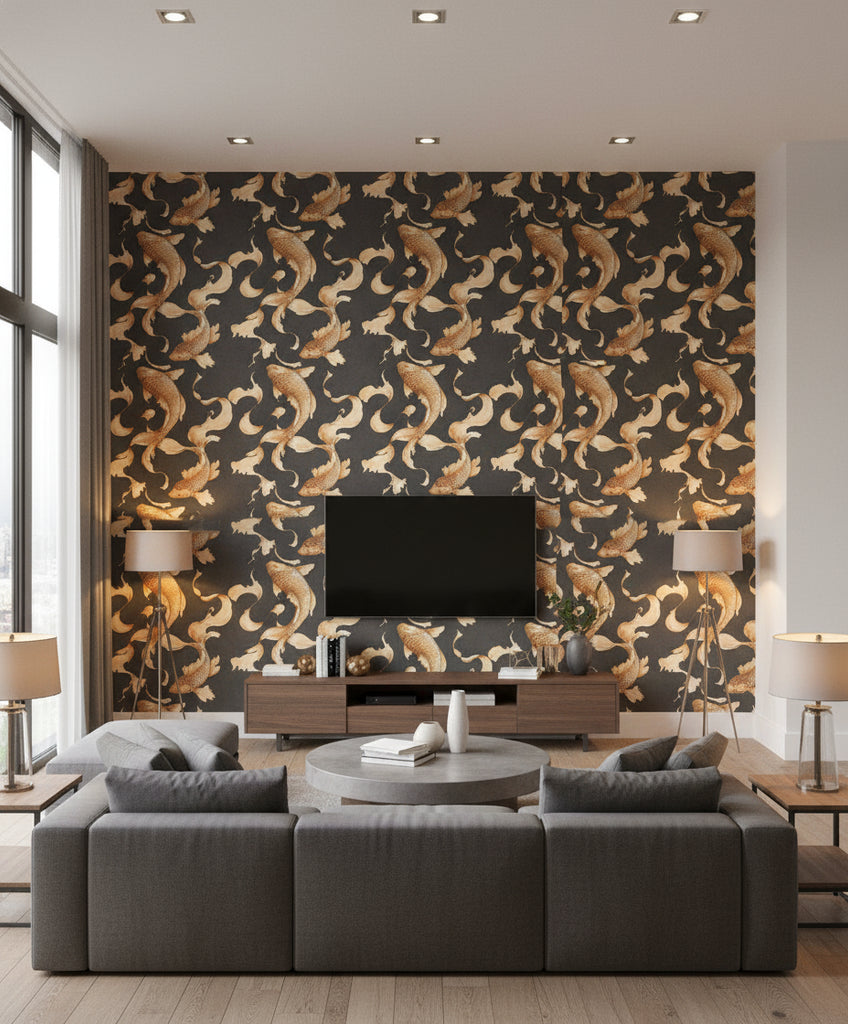 Yagishiri Island Koi Fish | Architectural Wallcoverings - Living Room Visualization (AI-generated, may not be to scale. Verify pattern scale with product specifications.)
