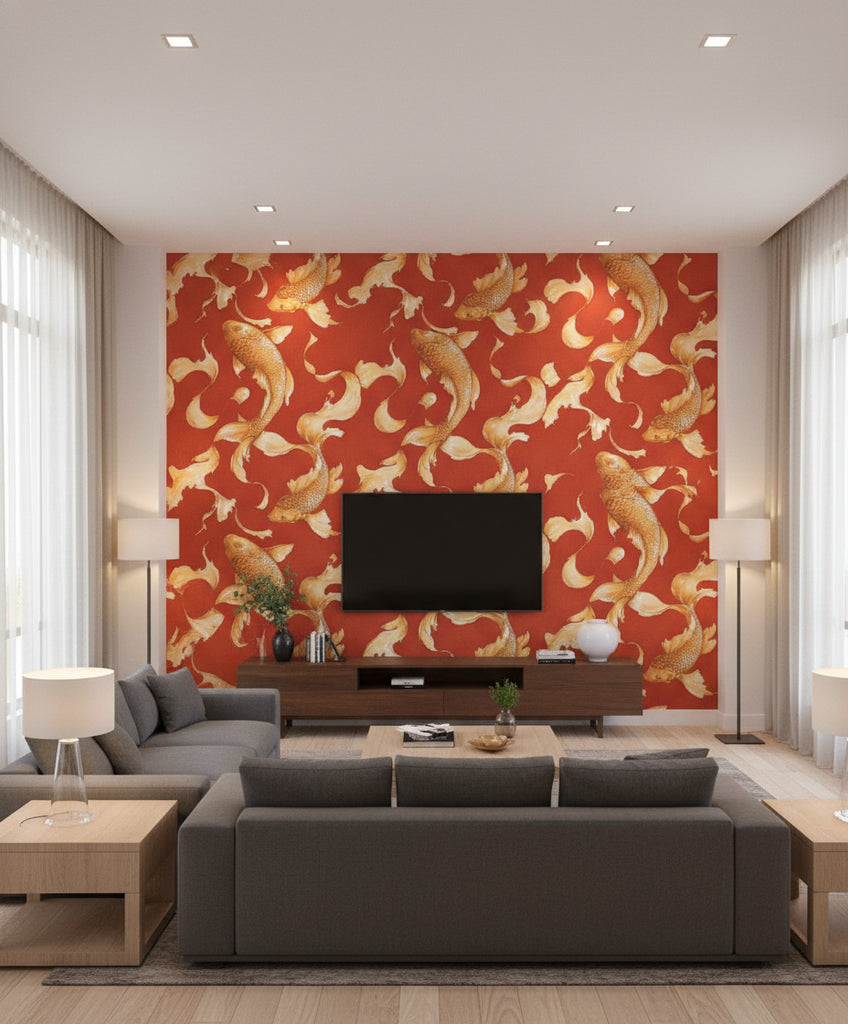 Yagishiri Island Koi Fish | Architectural Wallcoverings - Living Room Visualization (AI-generated, may not be to scale. Verify pattern scale with product specifications.)