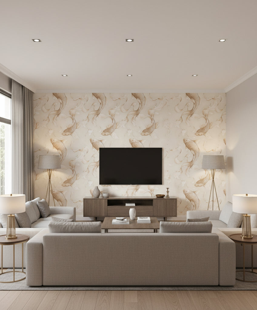 Yagishiri Island Koi Fish | Architectural Wallcoverings - Living Room Visualization (AI-generated, may not be to scale. Verify pattern scale with product specifications.)