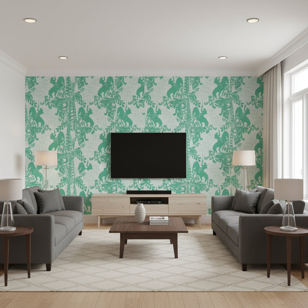 Yip Yip Yeah - Horses and Guns - Living Room Visualization (AI-generated, may not be to scale. Verify pattern scale with product specifications.)