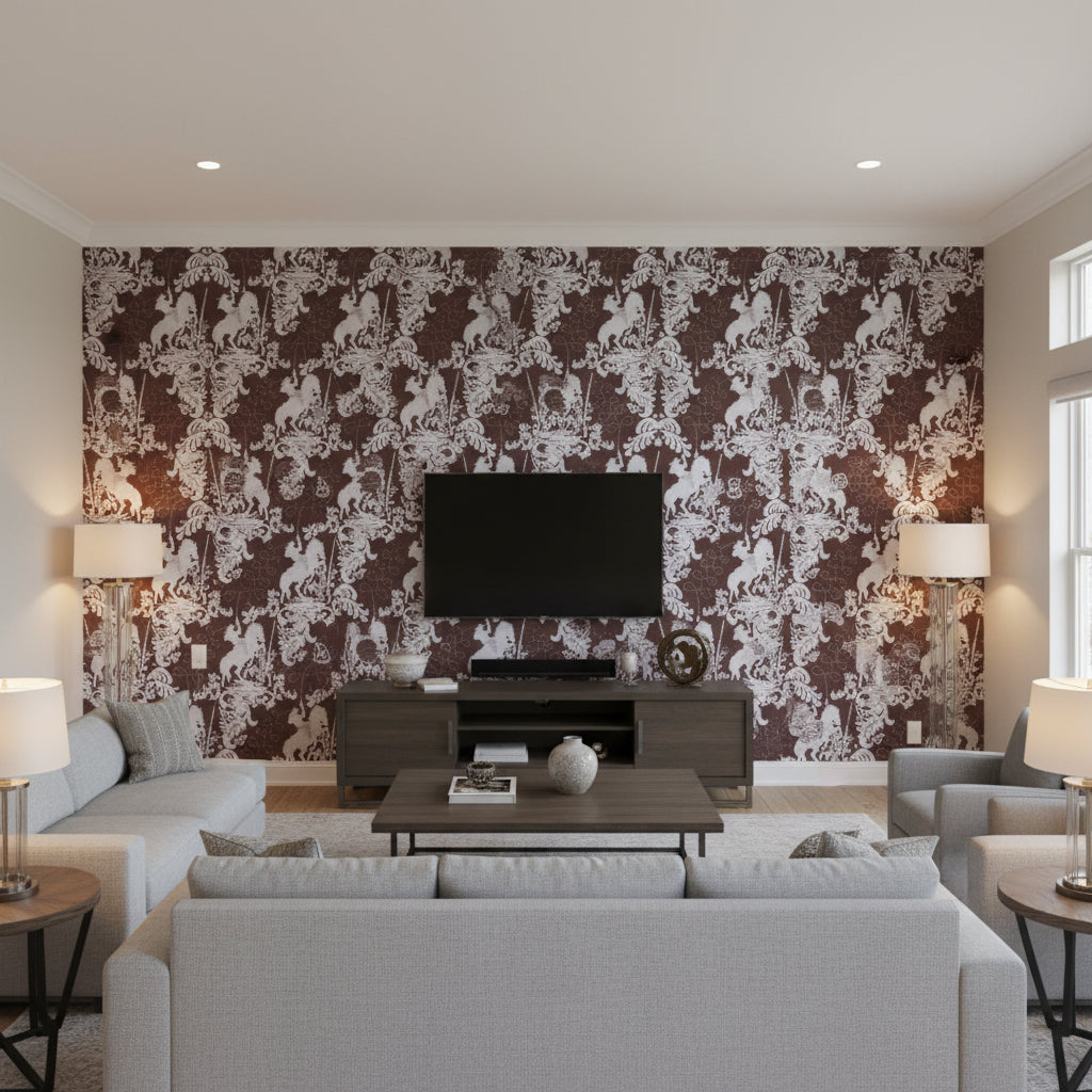 Yip Yip Yeah - Horses and Guns - Living Room Visualization (AI-generated, may not be to scale. Verify pattern scale with product specifications.)