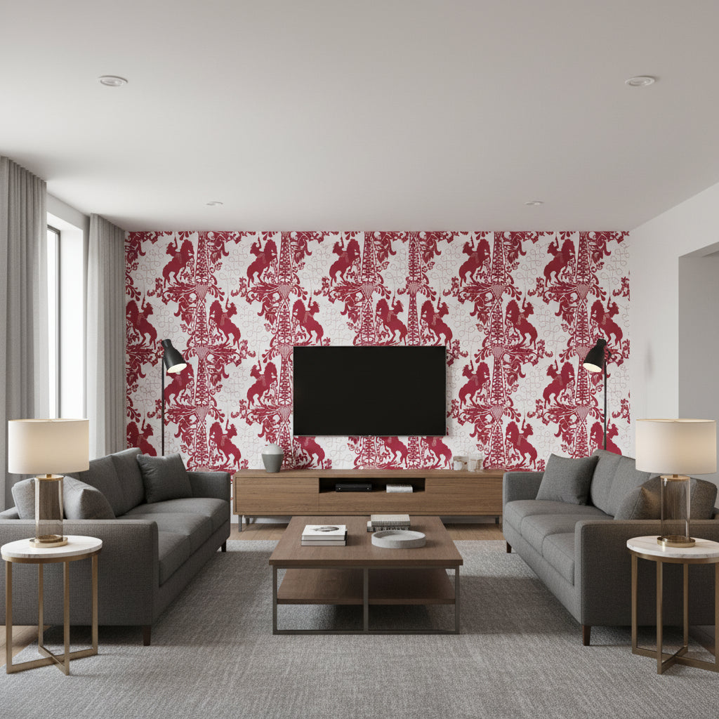 Yip Yip Yeah - Horses and Guns - Living Room Visualization (AI-generated, may not be to scale. Verify pattern scale with product specifications.)