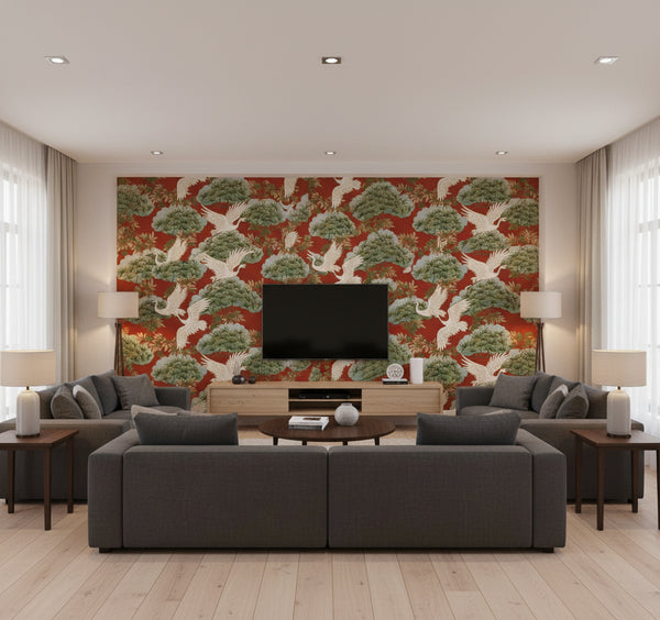 Sprig and Heron Wallcovering - Red | Ronald Redding