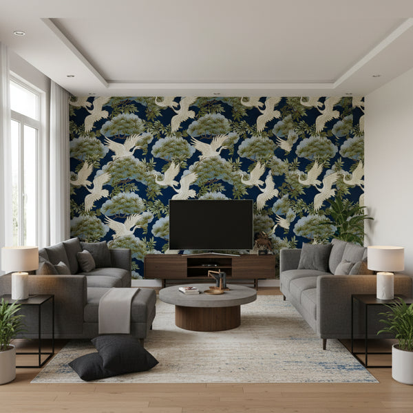 Sprig and Heron Wallcovering - Navy | Ronald Redding
