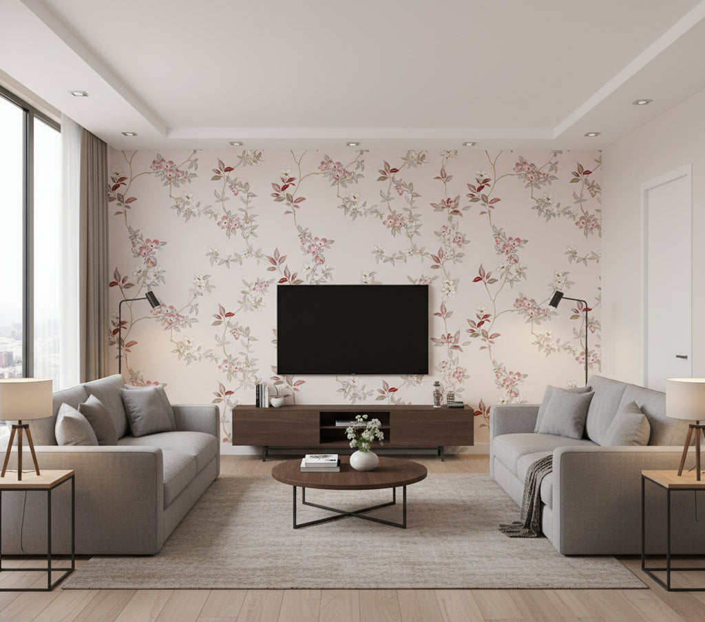 April Blossom Wallcovering Cream | Ralph Lauren - Living Room Visualization (AI-generated, may not be to scale. Verify pattern scale with product specifications.)