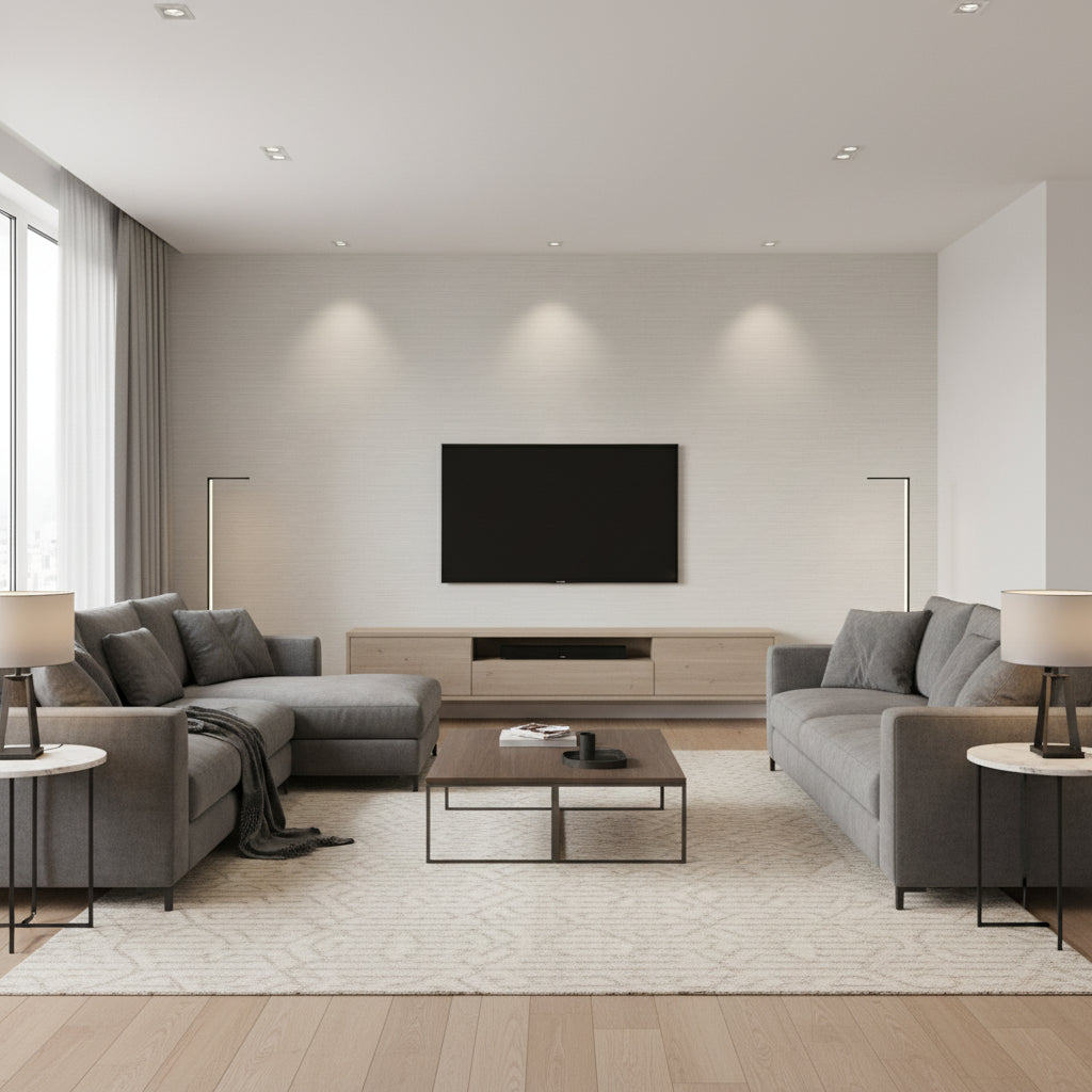 Amyra Silk Wallcovering White | Ralph Lauren - Living Room Visualization (AI-generated, may not be to scale. Verify pattern scale with product specifications.)