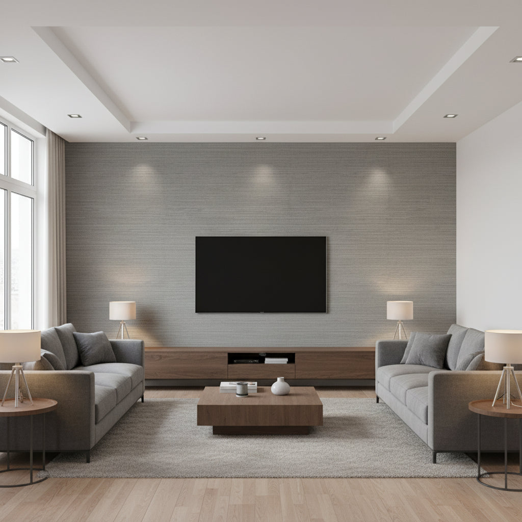 Amyra Silk Wallcovering Charcoal | Ralph Lauren - Living Room Visualization (AI-generated, may not be to scale. Verify pattern scale with product specifications.)