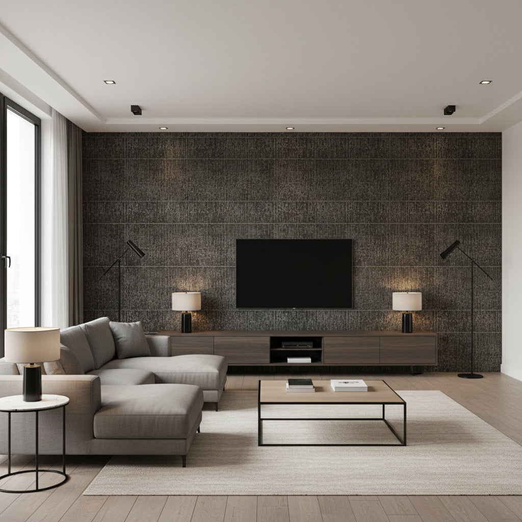 Zen Garden - Mizu Blue | Maya Romanoff - Living Room Visualization (AI-generated, may not be to scale. Verify pattern scale with product specifications.)