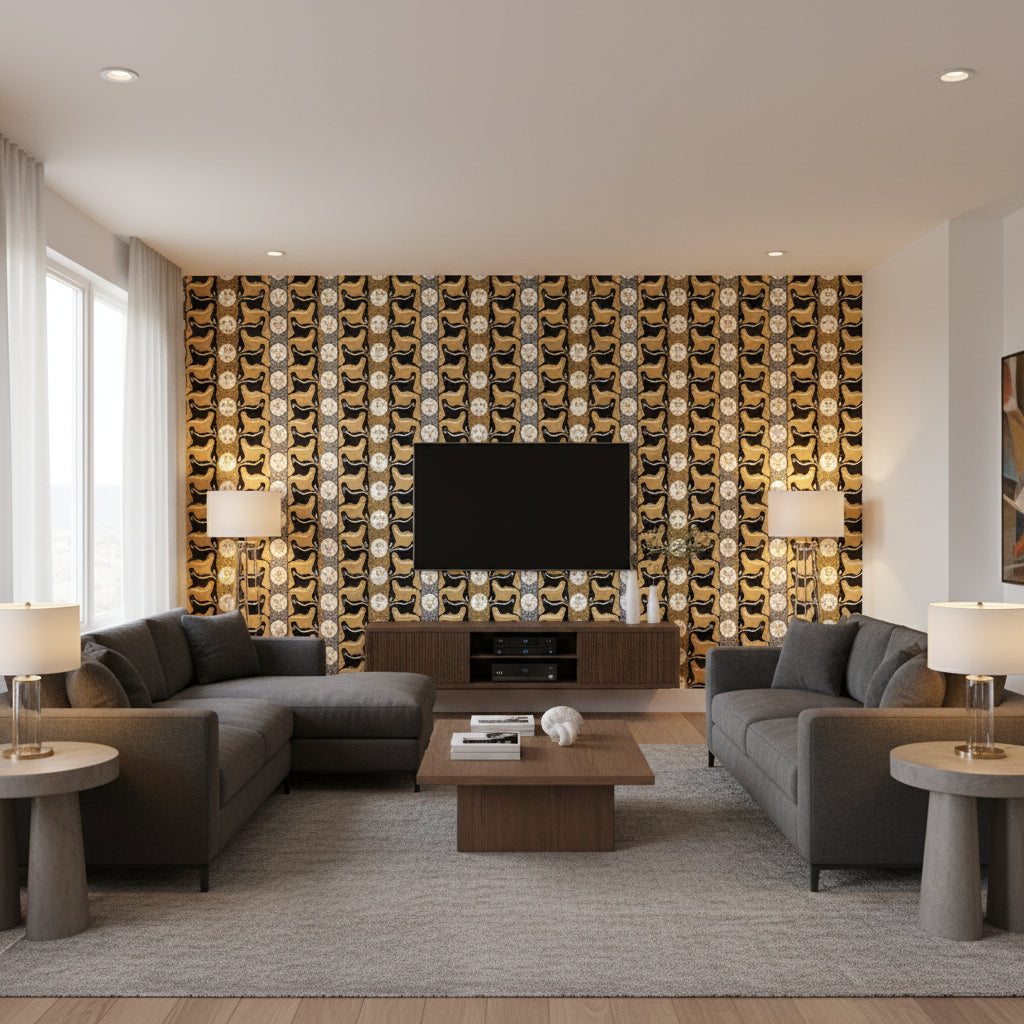 GOLDFISCHE - Living Room Visualization (AI-generated, may not be to scale. Verify pattern scale with product specifications.)