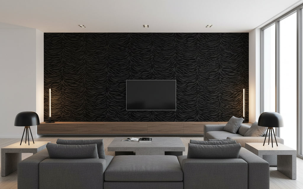 Zoro Zebra - Living Room Visualization (AI-generated, may not be to scale. Verify pattern scale with product specifications.)