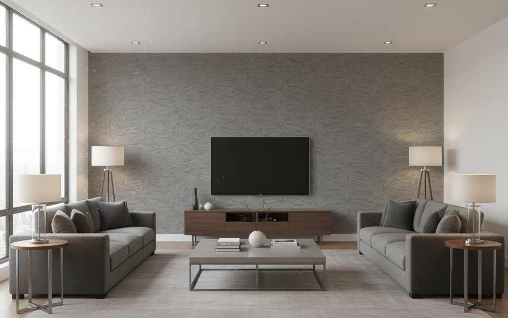 Zoro Zebra - Living Room Visualization (AI-generated, may not be to scale. Verify pattern scale with product specifications.)