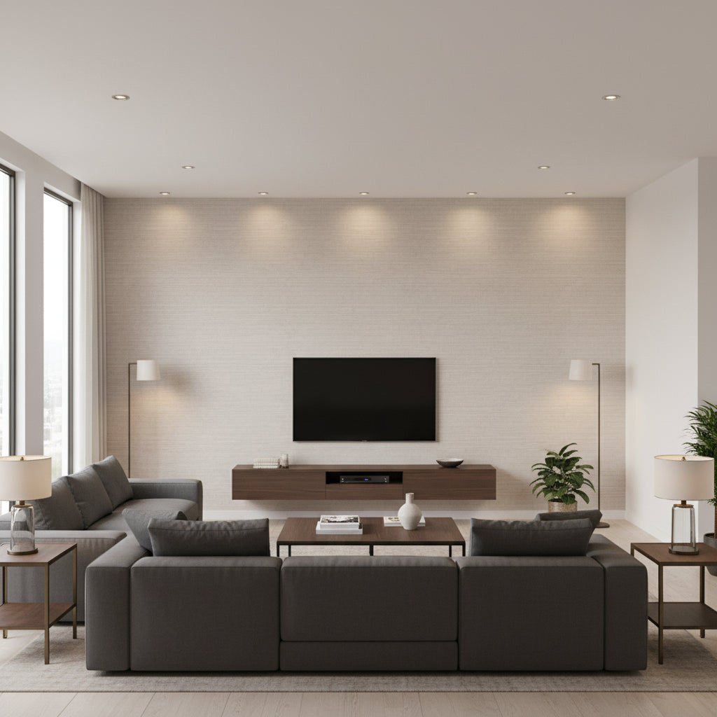 Jurbanite Spacedust | Romo - Living Room Visualization (AI-generated, may not be to scale. Verify pattern scale with product specifications.)