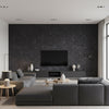 Oolite Foil Night charcoal gray | Romo - Living Room Visualization (AI-generated, may not be to scale. Verify pattern scale with product specifications.)