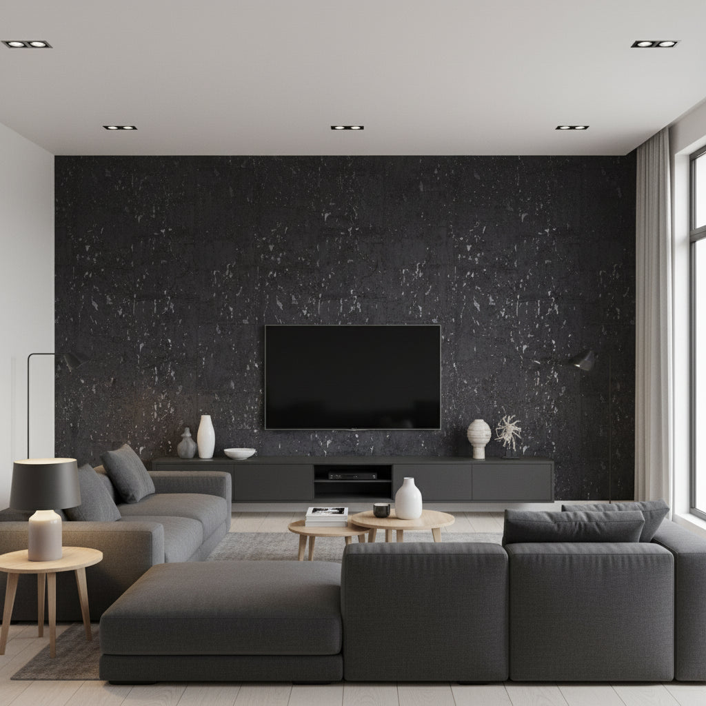 Oolite Foil Night charcoal gray | Romo - Living Room Visualization (AI-generated, may not be to scale. Verify pattern scale with product specifications.)