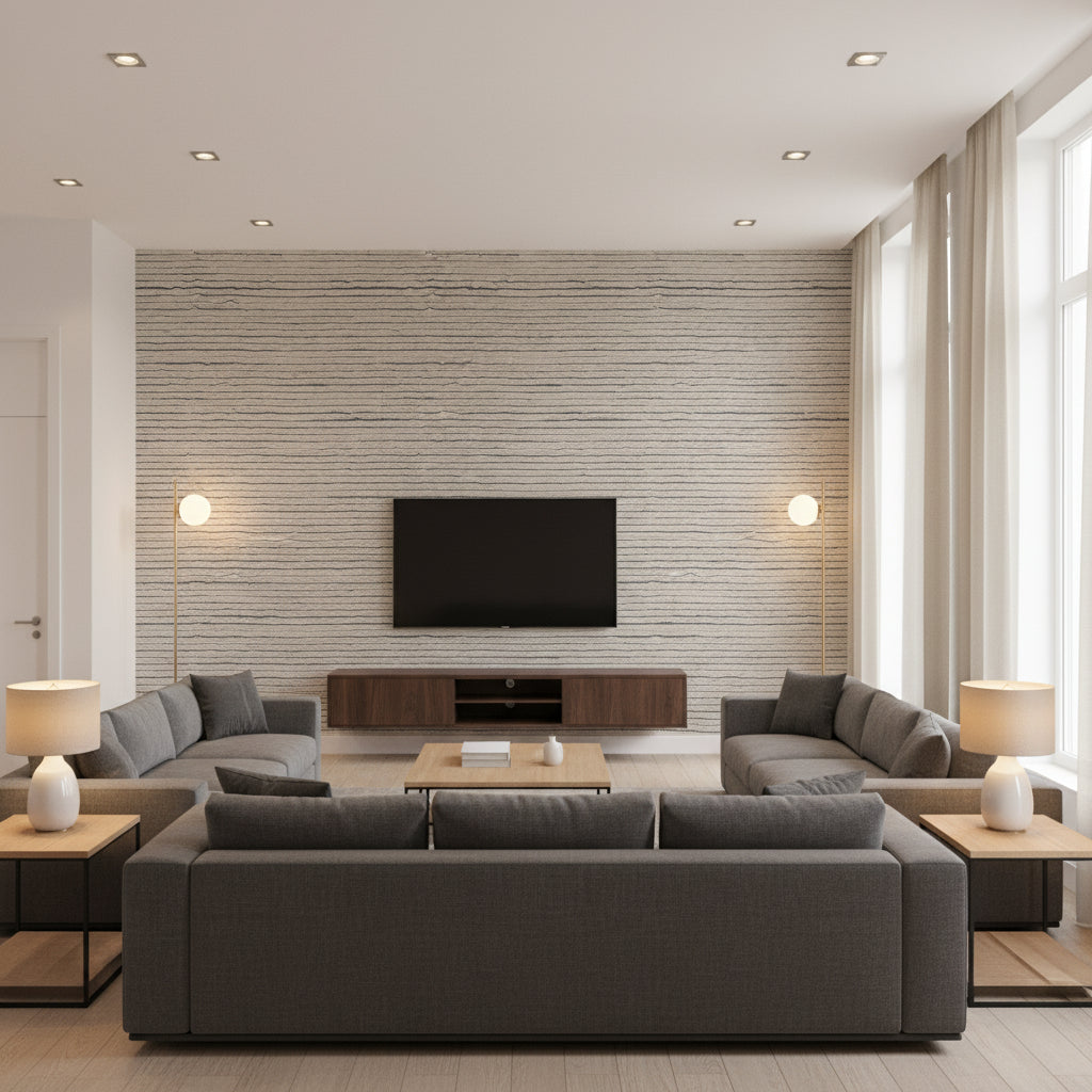 Monazite Cerulean | Romo - Living Room Visualization (AI-generated, may not be to scale. Verify pattern scale with product specifications.)