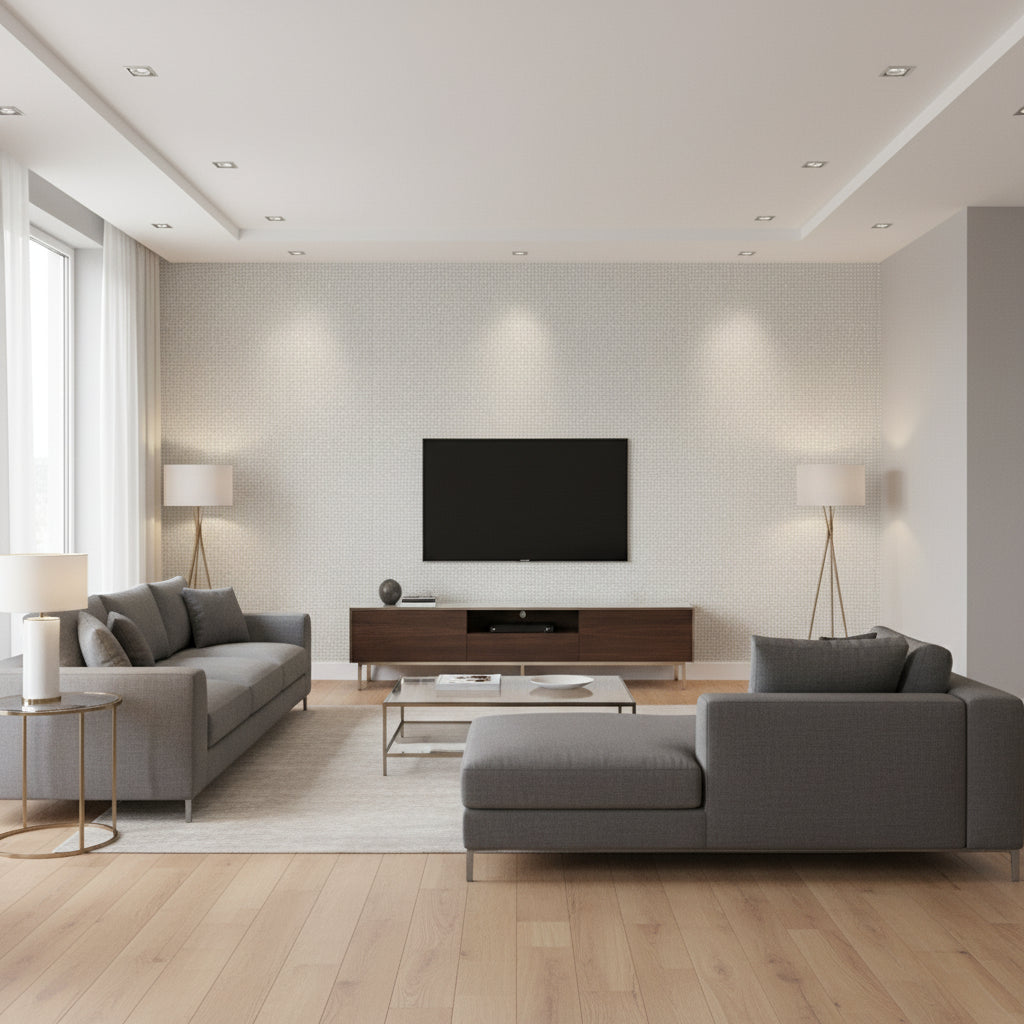Tantalum Moonbeam | Romo - Living Room Visualization (AI-generated, may not be to scale. Verify pattern scale with product specifications.)