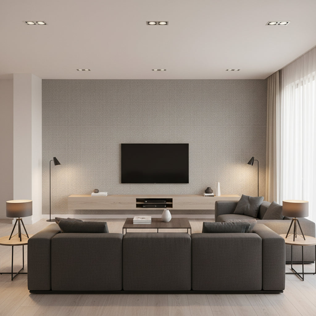 Tantalum Silver Grey | Romo - Living Room Visualization (AI-generated, may not be to scale. Verify pattern scale with product specifications.)