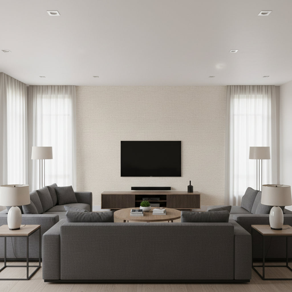 Edenite Oyster | Romo - Living Room Visualization (AI-generated, may not be to scale. Verify pattern scale with product specifications.)