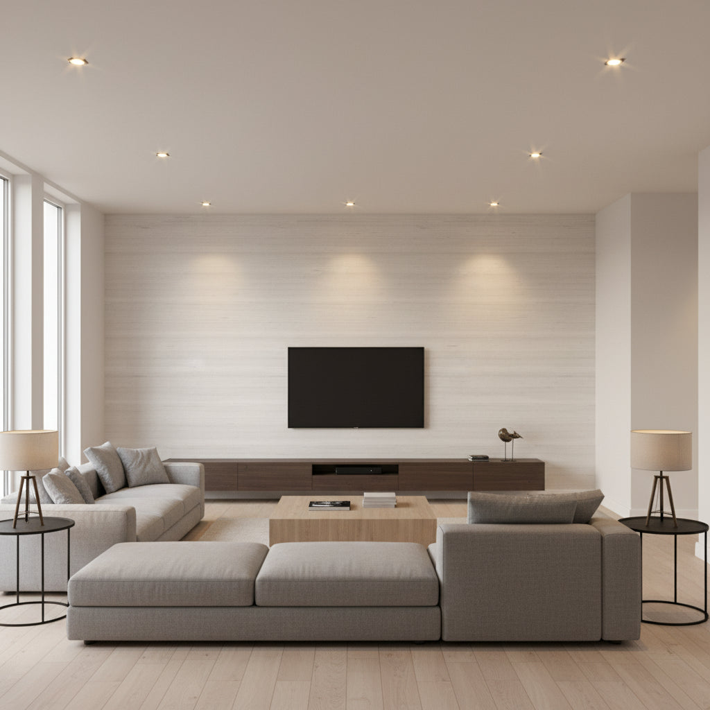 Cazenove Silver Grey | Romo - Living Room Visualization (AI-generated, may not be to scale. Verify pattern scale with product specifications.)