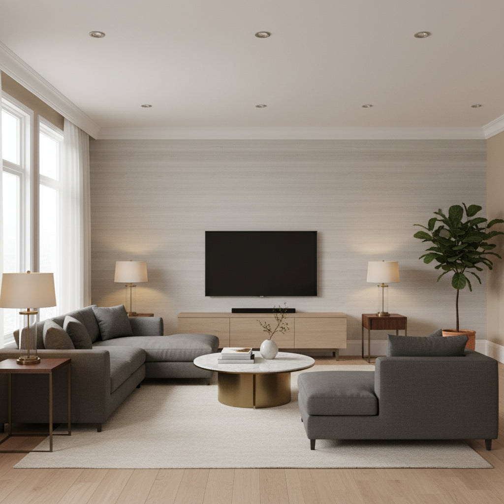 Cazenove Linen | Romo - Living Room Visualization (AI-generated, may not be to scale. Verify pattern scale with product specifications.)