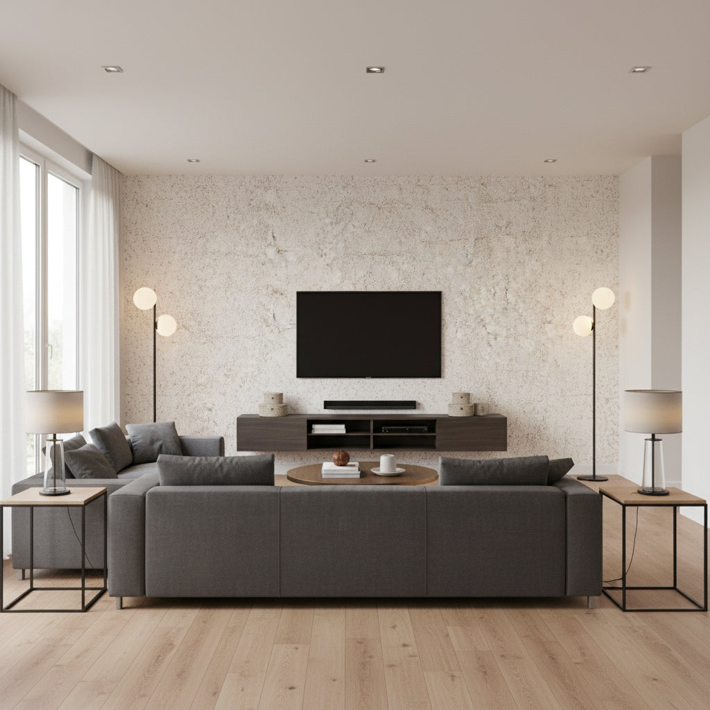 Oolite Matt Stone | Romo - Living Room Visualization (AI-generated, may not be to scale. Verify pattern scale with product specifications.)
