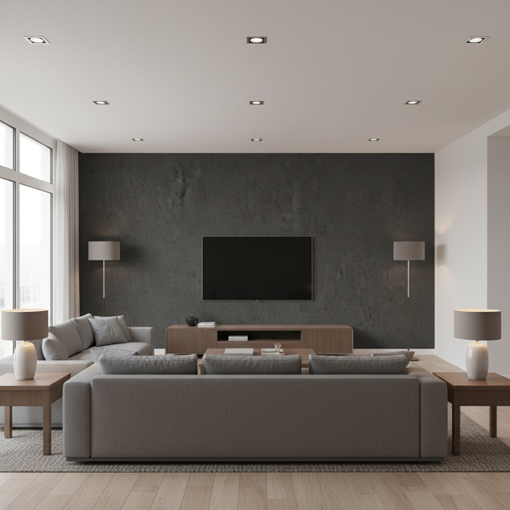 Oolite Matt Obsidian | Romo - Living Room Visualization (AI-generated, may not be to scale. Verify pattern scale with product specifications.)