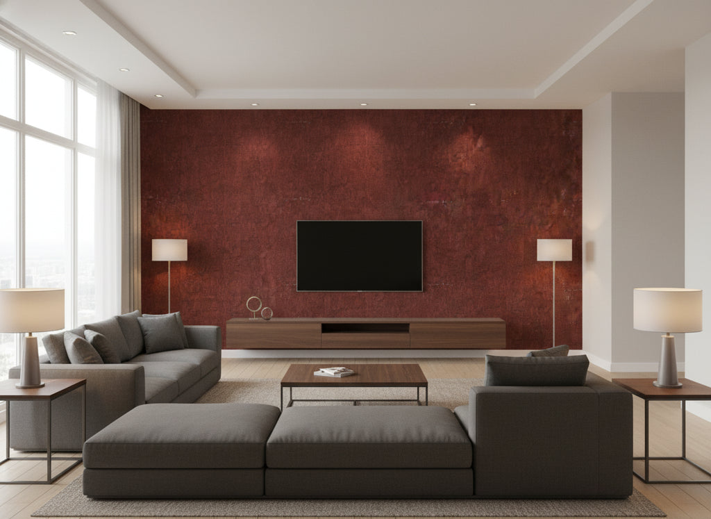 Oolite Matt espresso | Romo - Living Room Visualization (AI-generated, may not be to scale. Verify pattern scale with product specifications.)