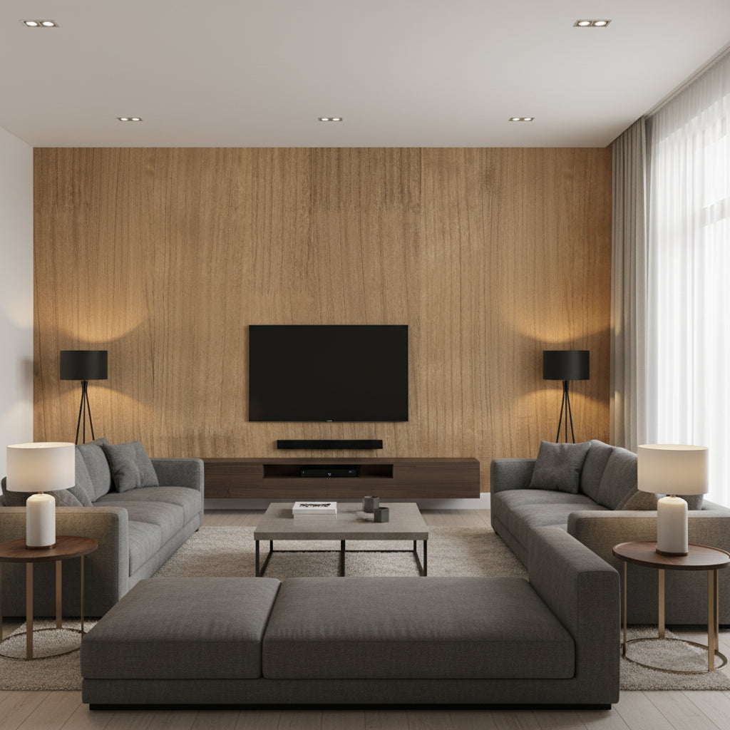 Paulownia Tobacco | Romo - Living Room Visualization (AI-generated, may not be to scale. Verify pattern scale with product specifications.)
