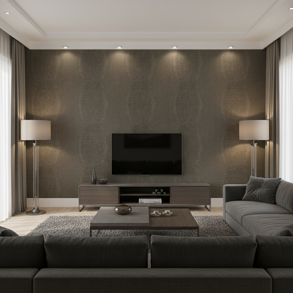 Crowley's Crocodile Animal Skin Emboss — Charcoal, shown in a living room