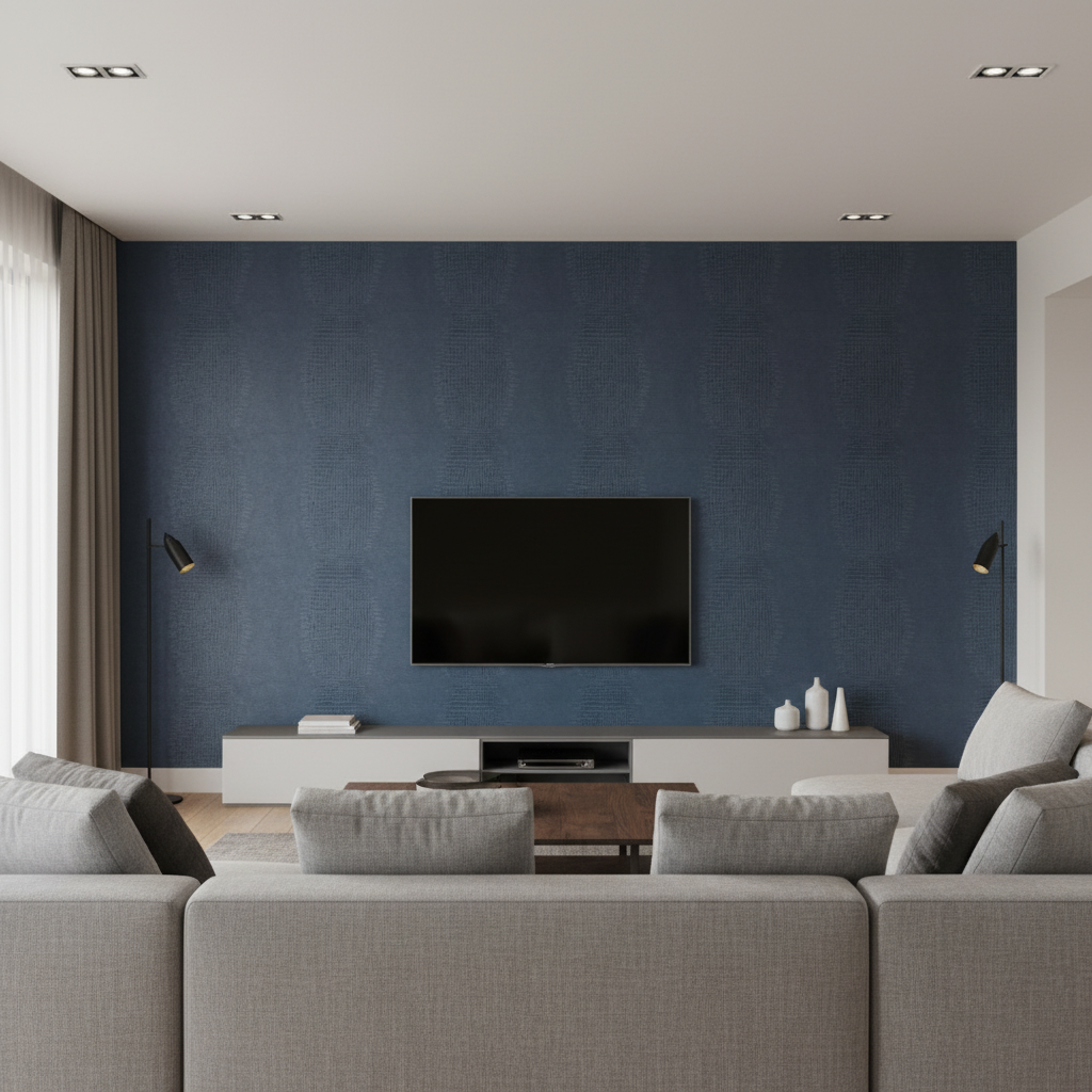 Crowley's Crocodile Animal Skin Emboss — Navy, shown in a living room