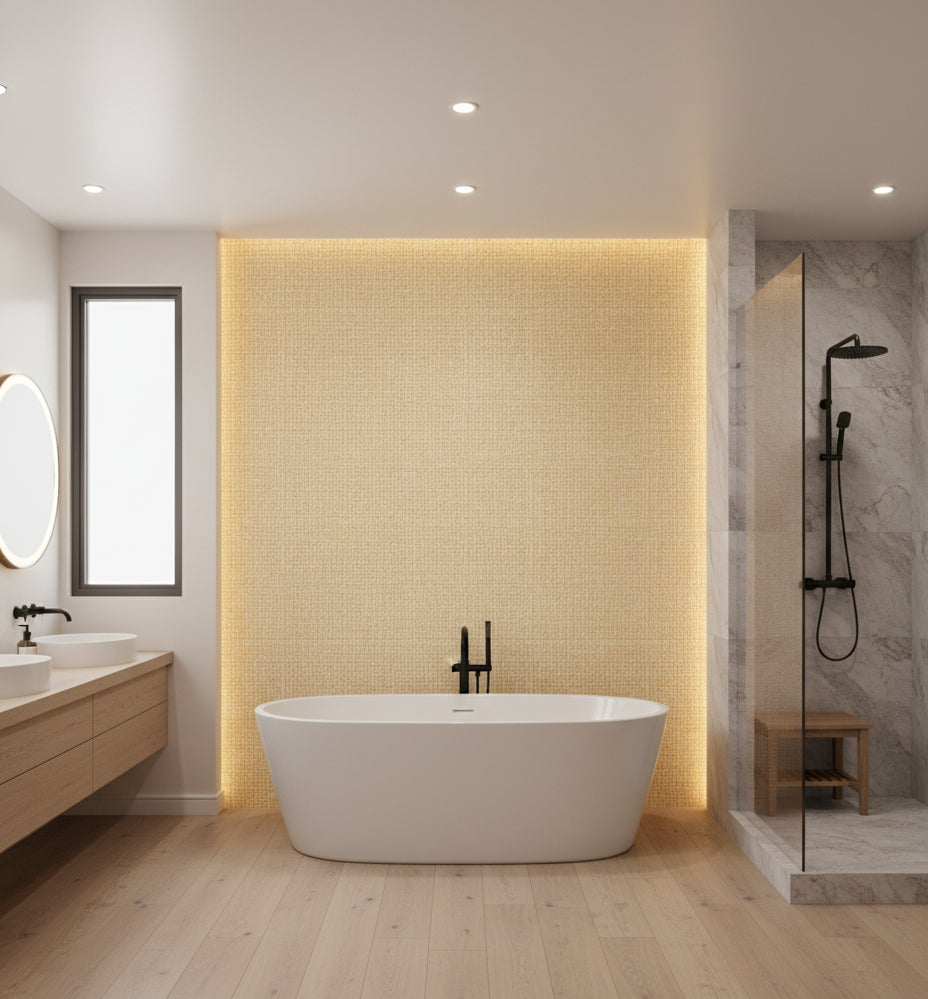 Salerno Sand Basketweave Grasscloth Wallcovering | Fentucci - bathroom room setting