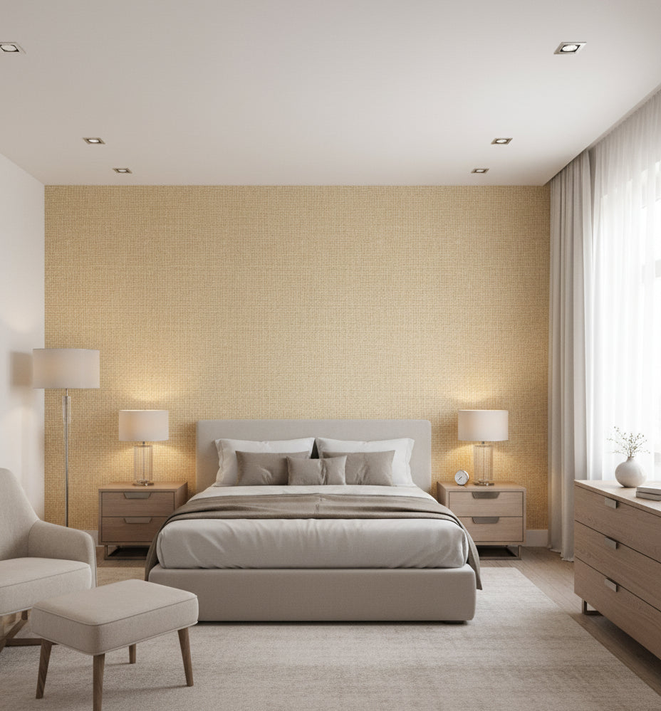 Salerno Sand Basketweave Grasscloth Wallcovering | Fentucci - bedroom room setting