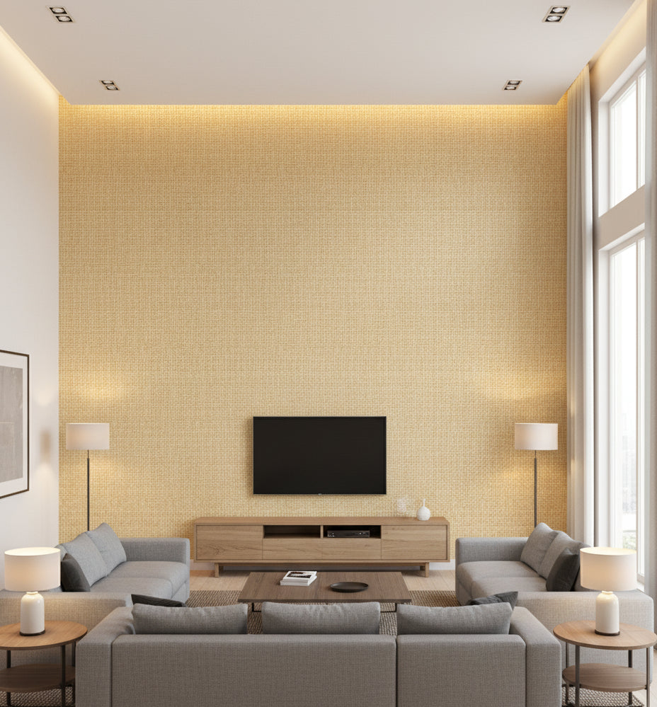 Salerno Sand Basketweave Grasscloth Wallcovering | Fentucci - living room room setting