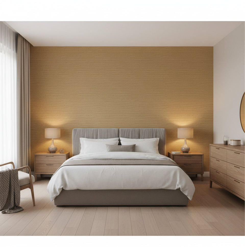 Sansai Sisal Grasscloth Honey | Phillipe Romano - bedroom room setting