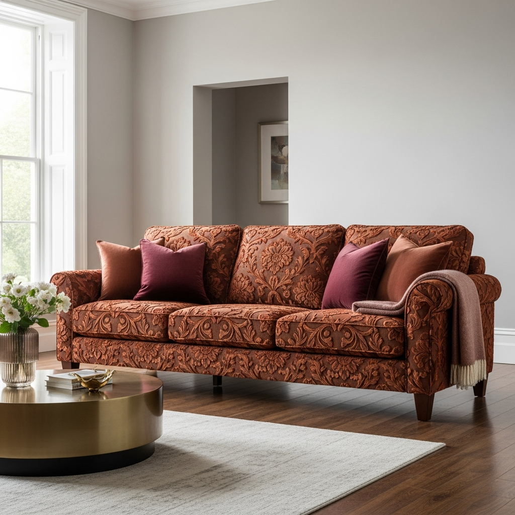 Embossed Floral Scroll Rustic Sienna Upholstered Sofa | Architectural Fabrics