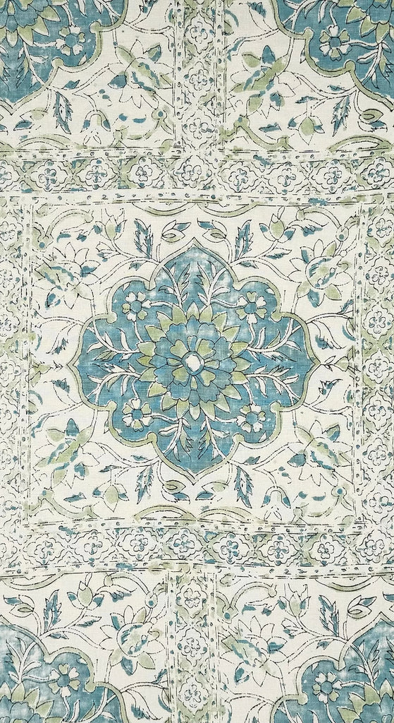 Soft Blues Green on Ecru Linen