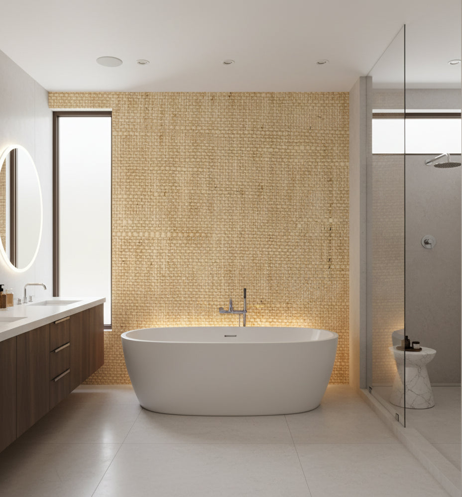 Sorrento Natural Linen Grasscloth Wallcovering | Fentucci - bathroom room setting