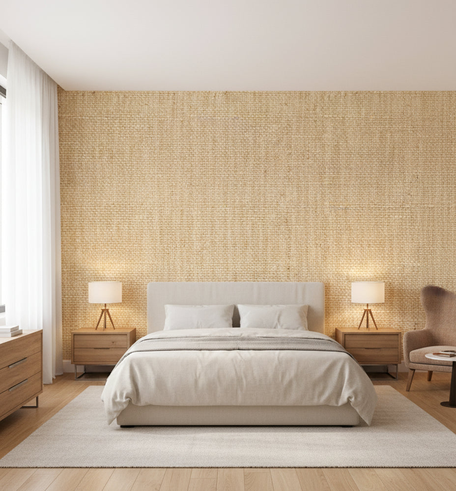 Sorrento Natural Linen Grasscloth Wallcovering | Fentucci - bedroom room setting