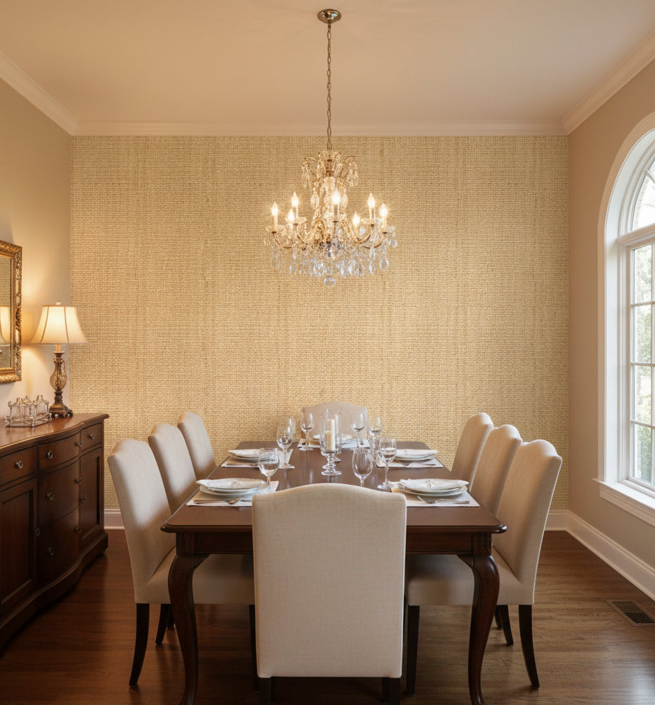 Sorrento Natural Linen Grasscloth Wallcovering | Fentucci - dining room room setting