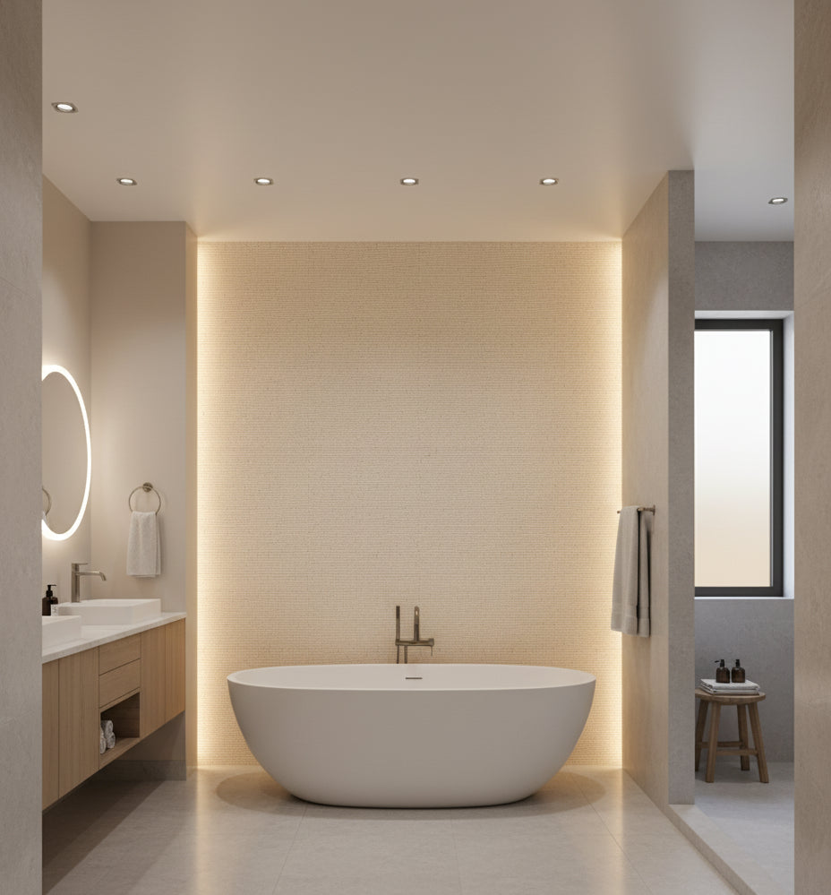 Spoleto Bone Horizontal Grasscloth Wallcovering | Fentucci - bathroom room setting