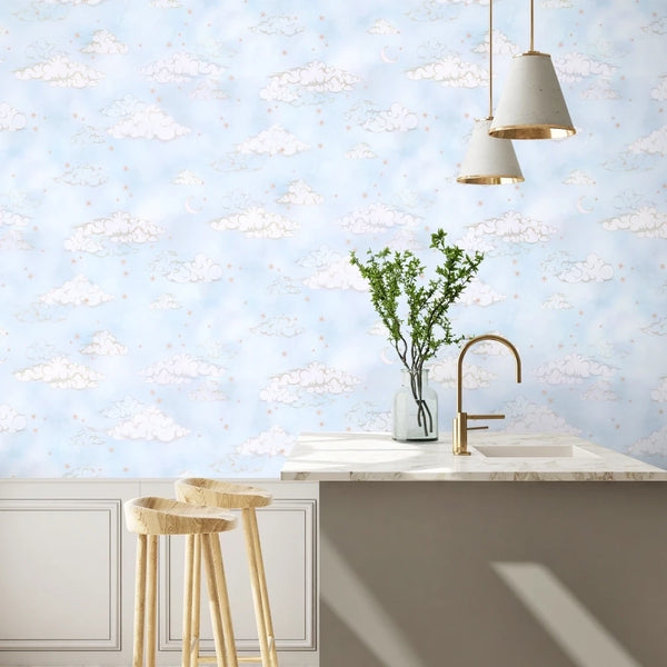 Starry Clouds Green Sky - Light Blue Wallcovering | Brand McKenzie