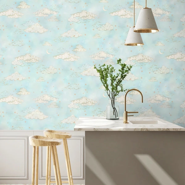 Starry Clouds Blue Sky - Light Blue Wallcovering | Brand McKenzie