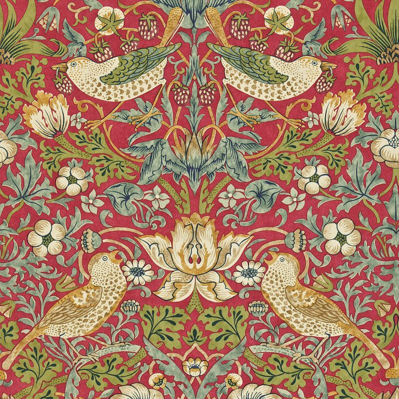 Strawberry Thief Wallpaper Slate Crimson | William Morris