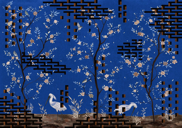 Tetris Chinoiseries Blue Wallcovering | Tres Tintas