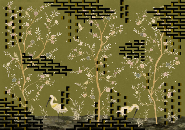 Tetris Chinoiseries Green Wallcovering | Tres Tintas