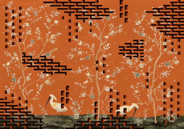 Tetris Chinoiseries Orange Wallcovering | Tres Tintas