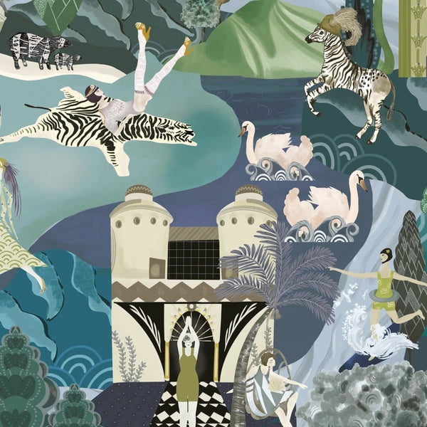 The Art Deco Hills Teal & Copper - Light Gray Wallcovering | Brand McKenzie