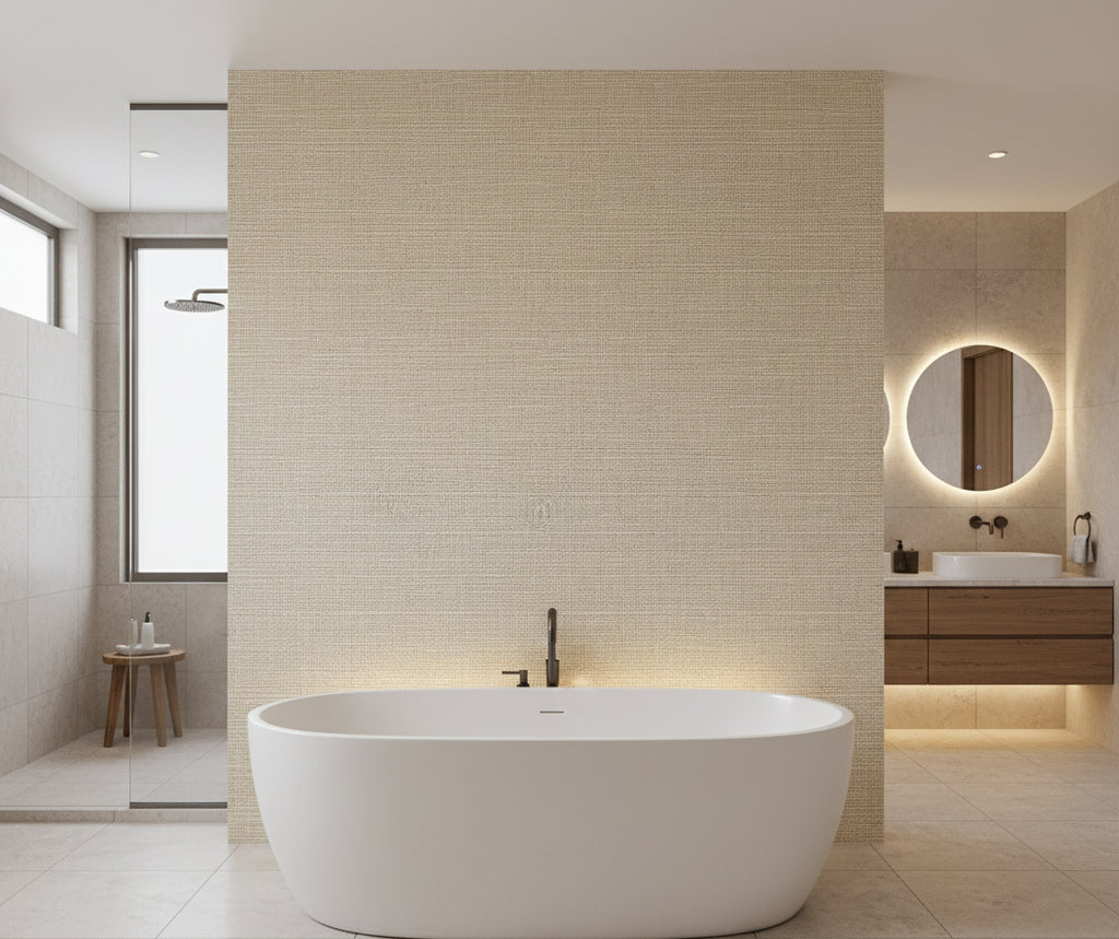 Toscana Taupe Linen Grasscloth Wallcovering | Fentucci - bathroom room setting