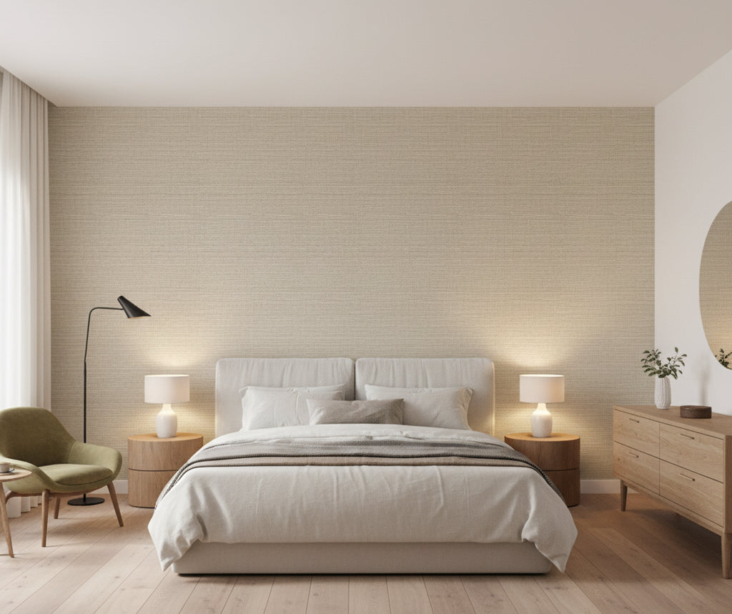 Toscana Taupe Linen Grasscloth Wallcovering | Fentucci - bedroom room setting