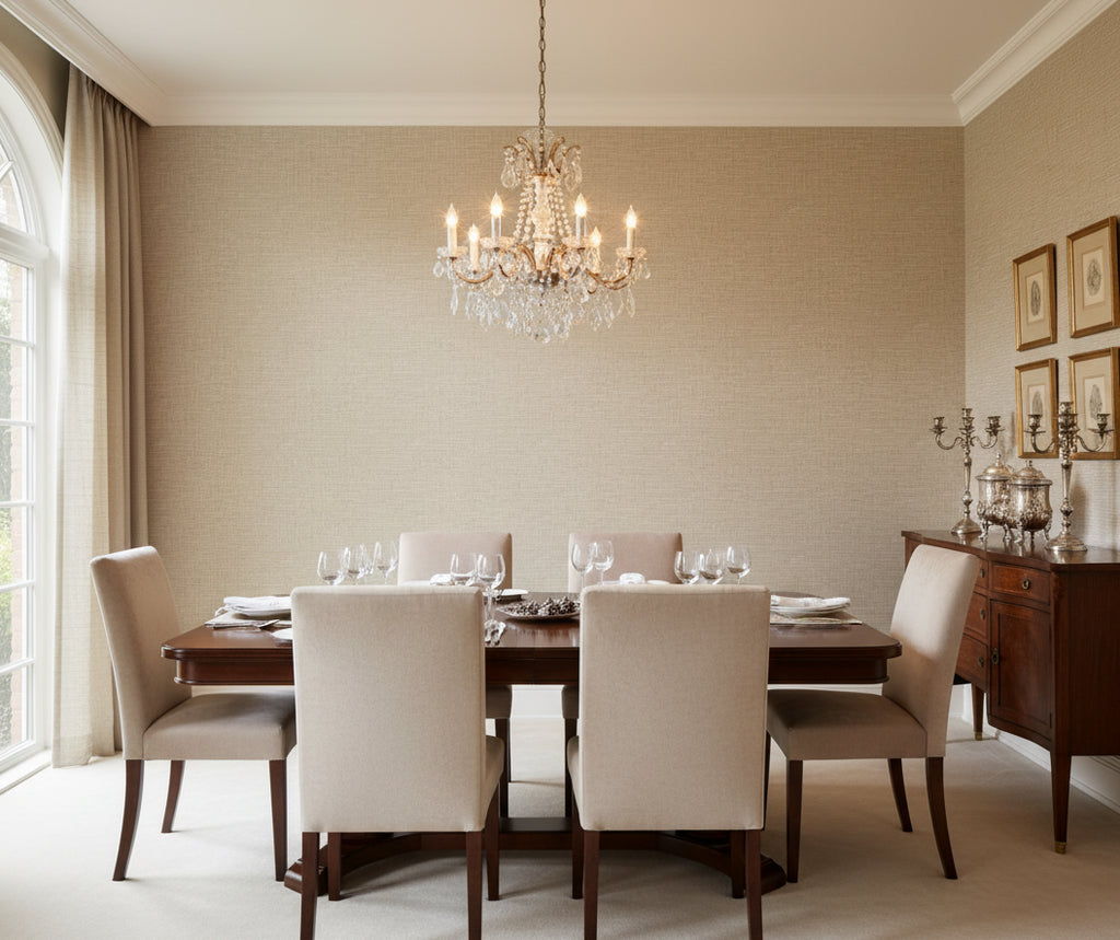 Toscana Taupe Linen Grasscloth Wallcovering | Fentucci - dining room room setting